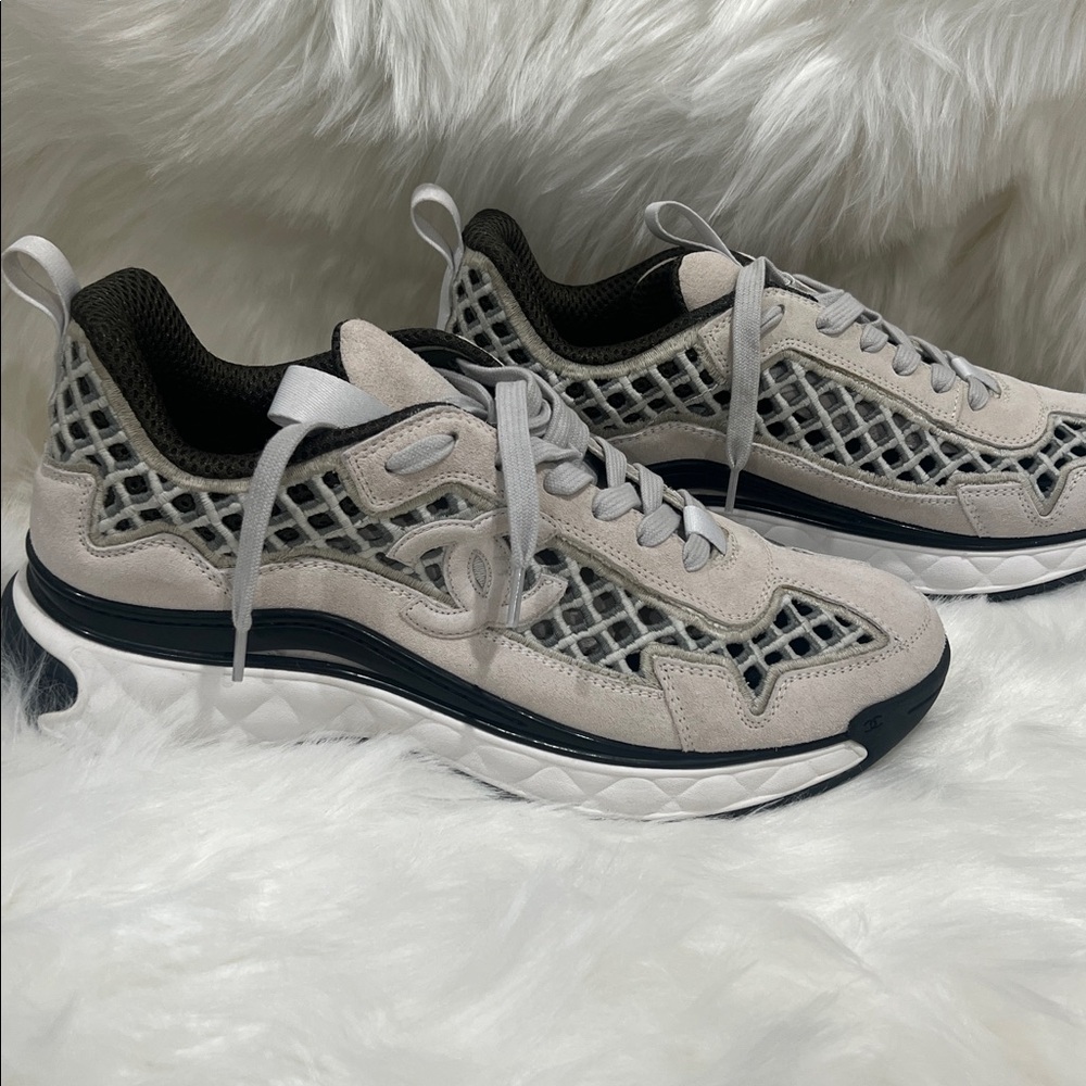 CHANEL Light Gray and Black Mesh Sneakers Size 41 Like New Worn Once $999 OBO